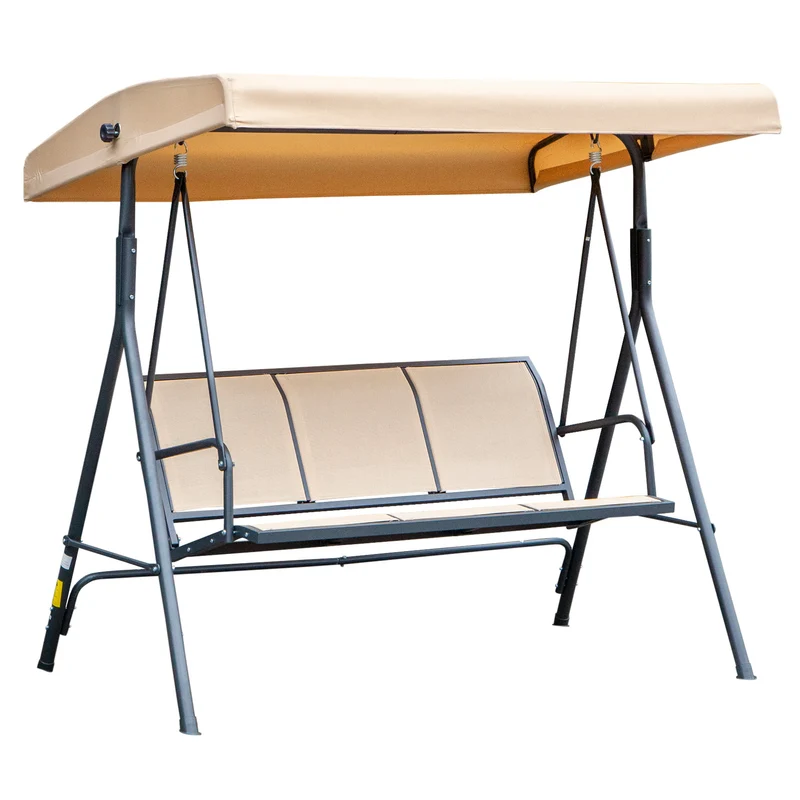 Dondolo da Giardino a 3 Posti 175x118x159 cm con Tettuccio Seduta Traspirante e Telaio in Acciaio Beige