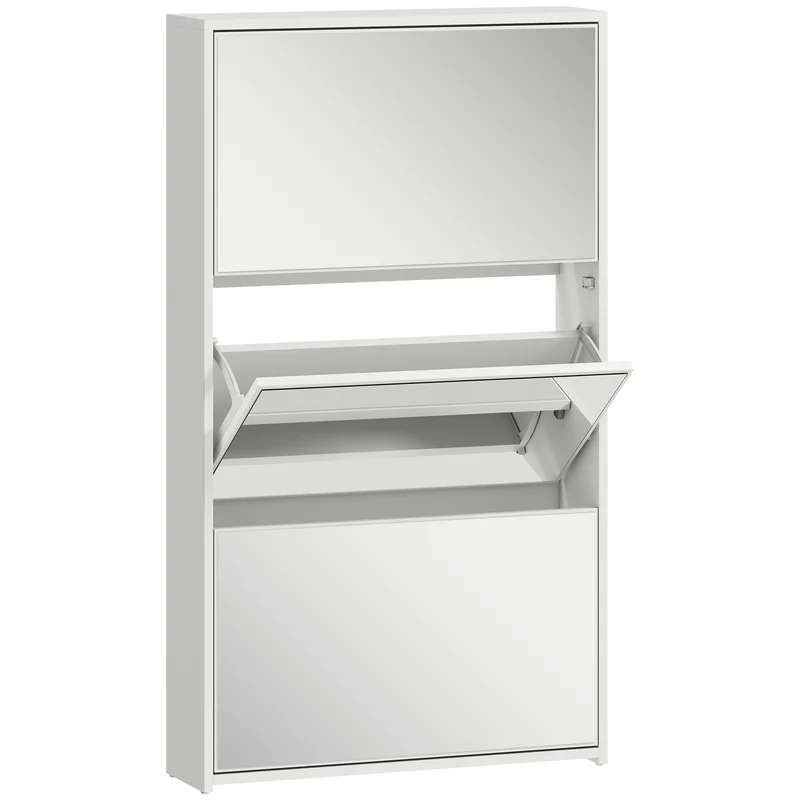 Scarpiera a Specchio 65x17x114,5 cm con 3 Cassetti a Ribalta per 9 Paia di Scarpe in Legno Bianco