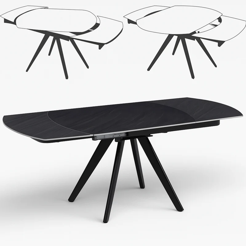 Tavolo Allungabile Piano Rotante 140-180x90x77 cm in Ceramica Effetto Marmo Nero