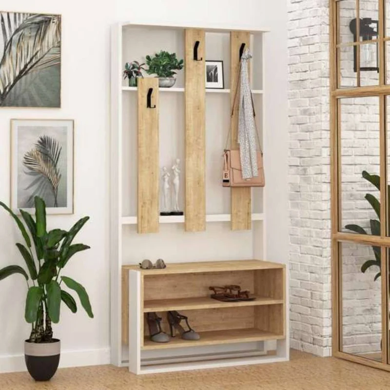Mobile Ingresso con Scarpiera e Appendiabiti 90x36x180 cm in MDF Chester Bianco Rovere