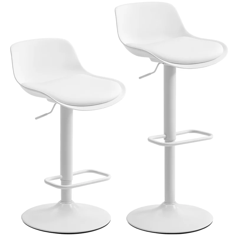 Set 2 Sgabelli da Bar con Schienale Altezza Regolabile Seduta Girevole in Pelle PU e Poggiapiedi Bianco