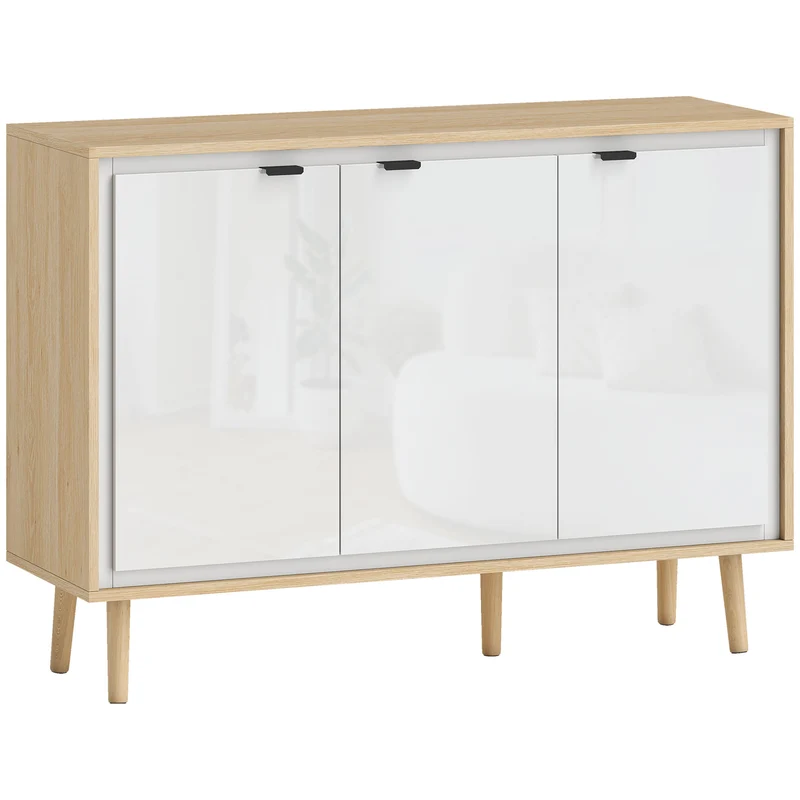 Credenza Moderna 107x35x77 cm a 3 Ante con Ripiano Regolabile Bianco Lucido e Rovere