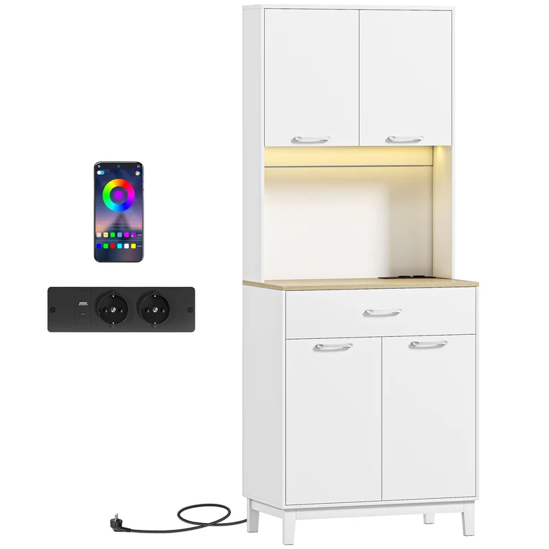 Credenza Moderna 71x40x180 cm con Luci LED Prese Elettriche e USB 2 Armadietti e Cassetto Bianco
