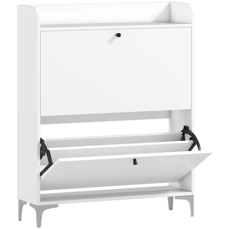Mobile Scarpiera Slim 80x24x101 cm con 2 Cassetti a Ribalta e Ripiani Regolabili in Legno e Metallo Bianco