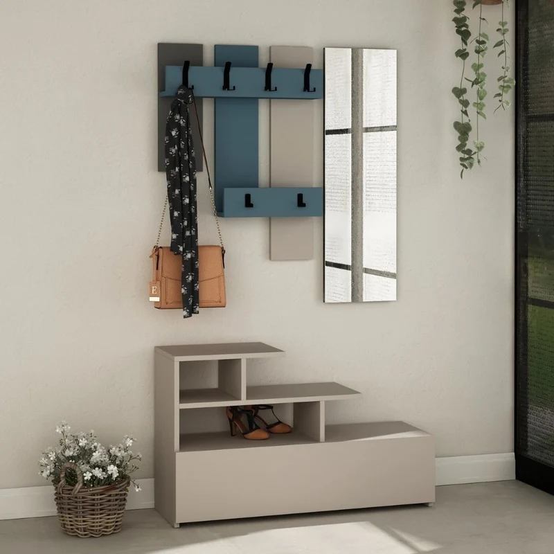 Mobile ingresso Vesty tortora turchese con scarpiera e specchio