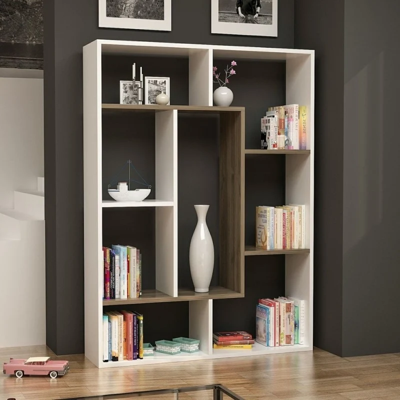Libreria 100x136h cm Liam bianca dettaglio geometrico noce