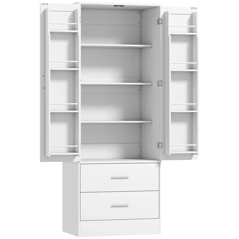 Credenza da Cucina 60x40x159 cm con Armadietto con 8 Ripiani Portaspezie e 2 Cassetti Bianco