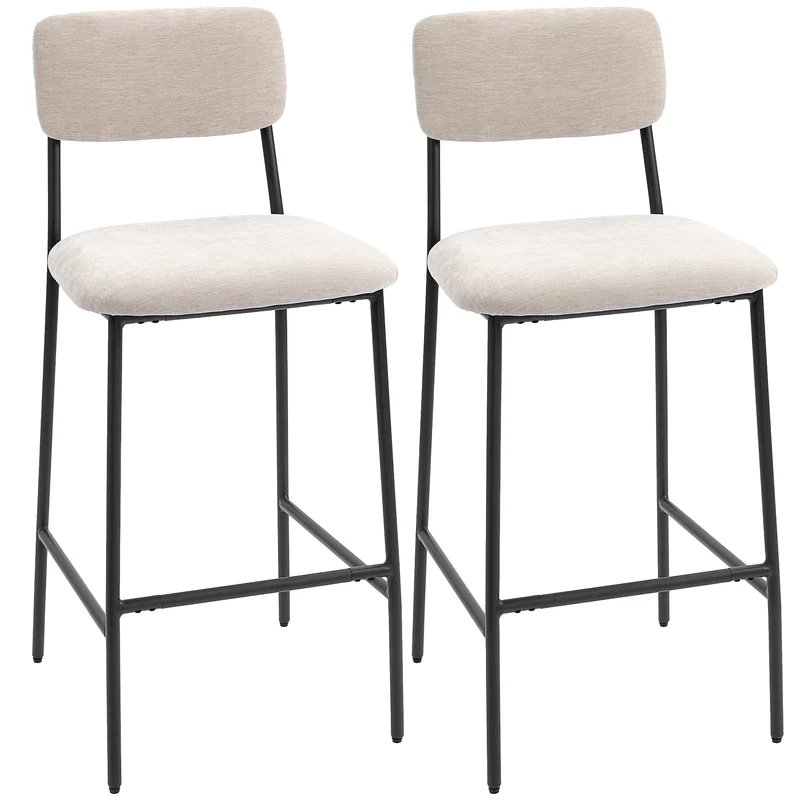 Set 2 Sgabelli da Bar con Schienale Alto Poggiapiedi e Rivestimento in Ciniglia Crema
