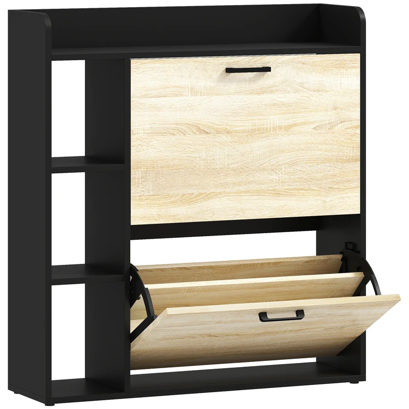 Scarpiera Slim 83x24x90.5 cm per 15 Scarpe con 2 Cassetti Ribaltabili e 3 Vani Aperti Nero