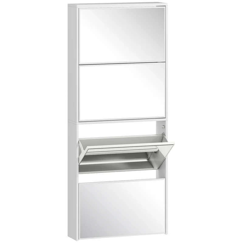 Scarpiera a Specchio 63x17x146 cm a 4 Ante Antiribaltamento in Legno Bianco