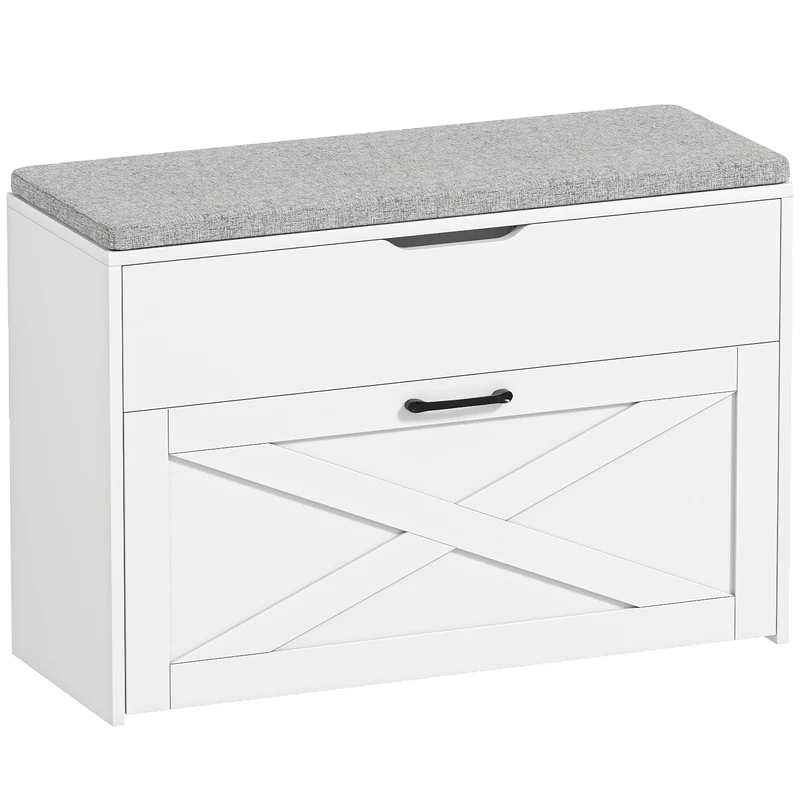 Panca Scarpiera 80x30x55 cm per 8 Paia di Scarpe con Cassetto Ribaltabile e Contenitore Bianco