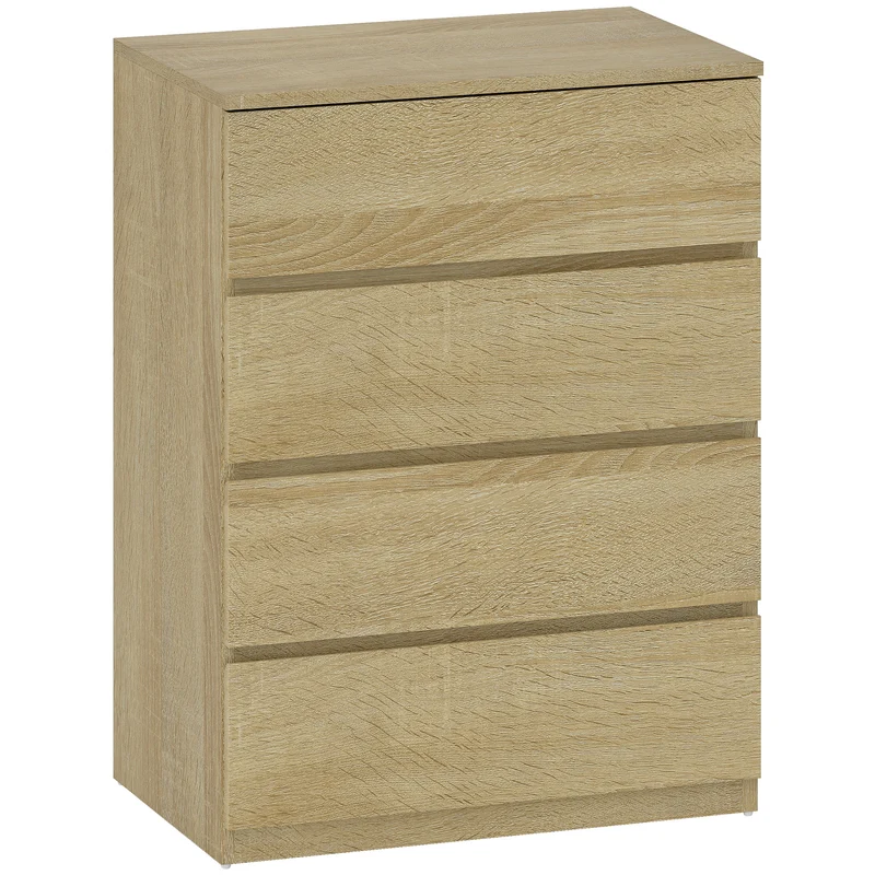 Cassettiera 4 Cassetti 60x40x80 cm con Guide in Metallo e Maniglie Scanalate in Legno color Faggio