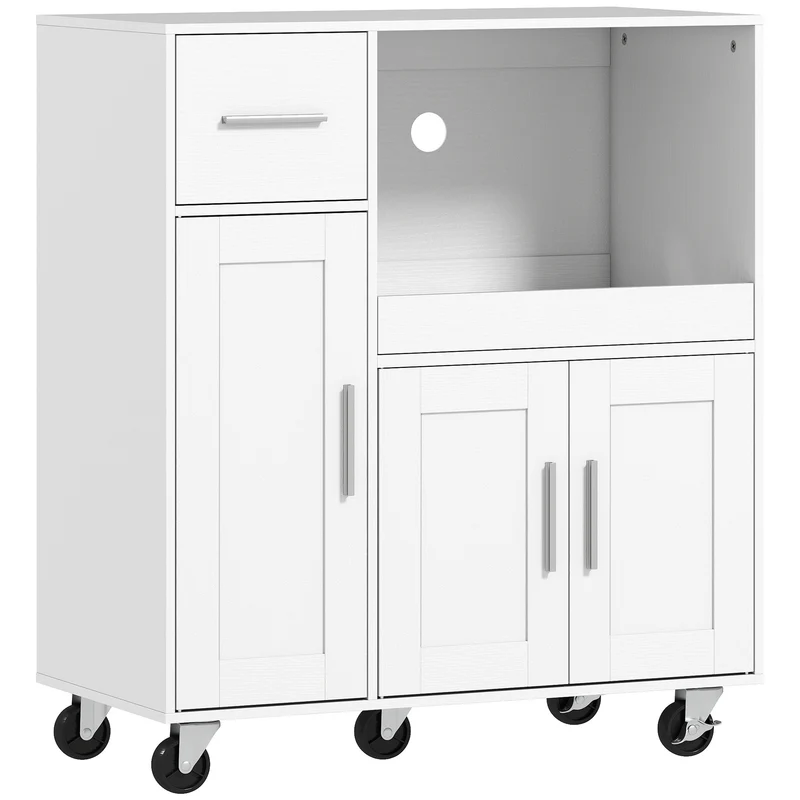 Mobile per Microonde 80x40x88,7 cm con Cassetto 2 Armadietti Ripiano Aperto e Piano Regolabile in Legno Bianco