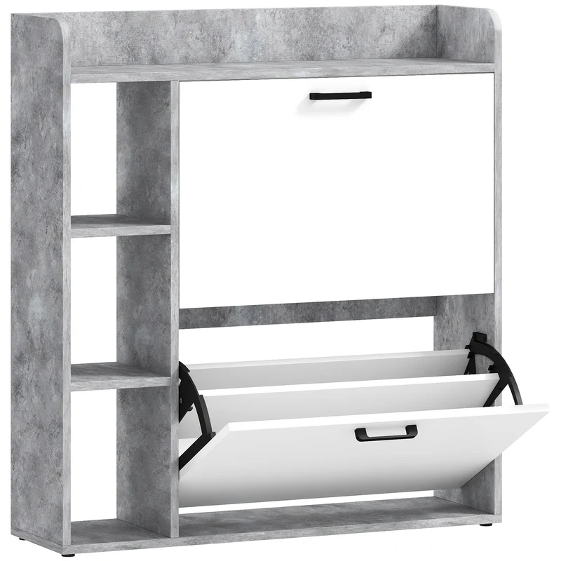Scarpiera Slim Capacità 15 Scarpe 83x24x90,5 cm con 2 Cassetti Ribaltabili e 3 Vani Aperti Grigio