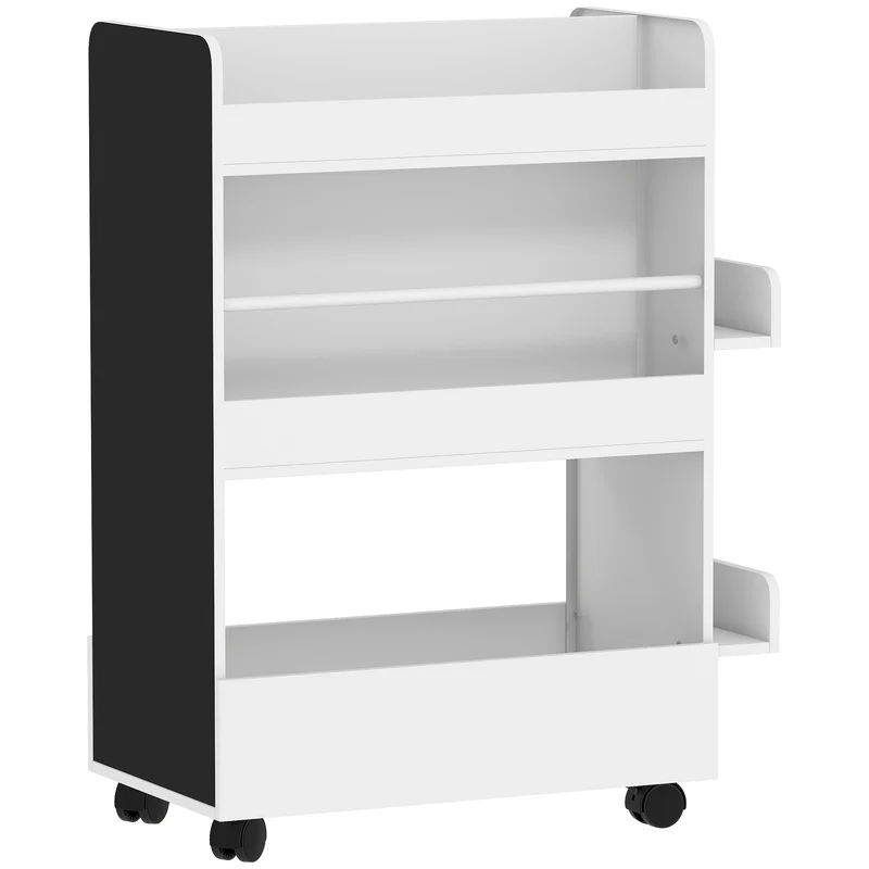Libreria per Bambini 3-8 Anni Scaffalea Due Lati Portagiochi con Ruote e Lavagna Nera in MDF Bianco