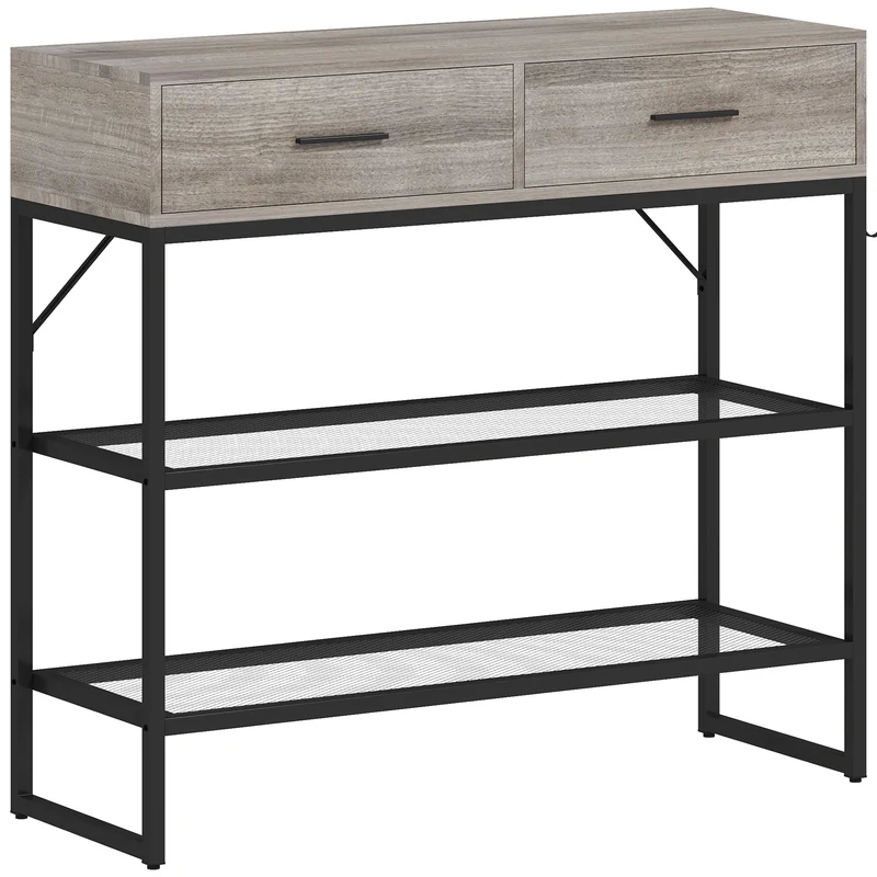 Consolle da Ingresso 100x35x92 cm con 2 Cassetti 2 Ripiani e Gancio Laterale in Legno e Metallo Nero e Legno