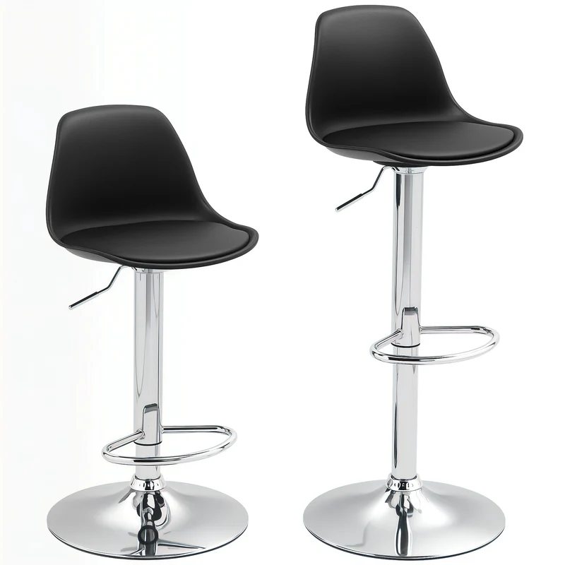 Set 2 Sgabelli da Bar 38x42x82-104 cm con Schienale e Poggiapiedi in PP Pelle PU e Acciaio Nero
