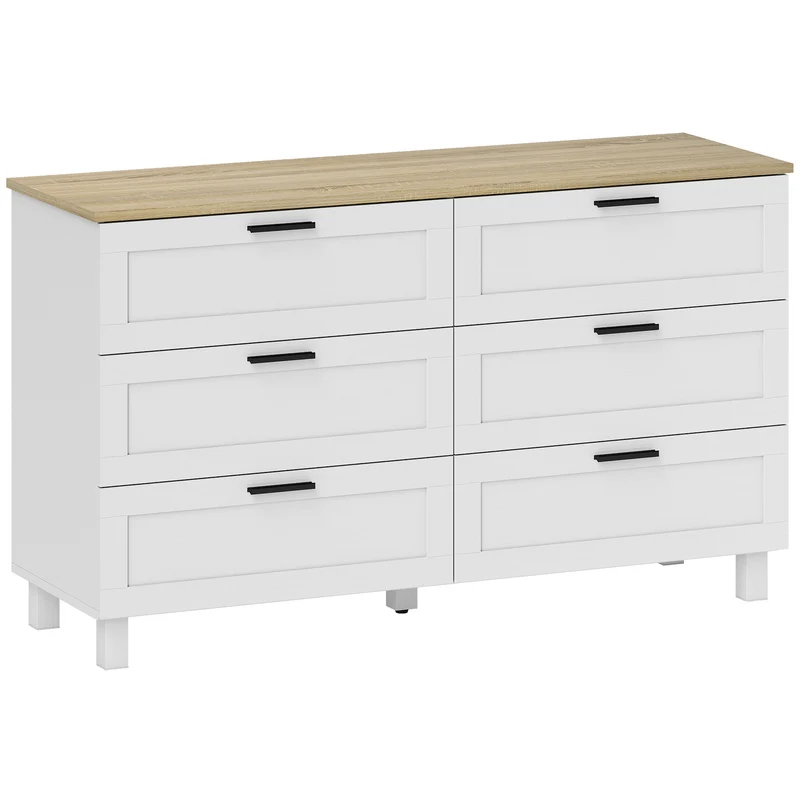 Cassettiera 6 Cassetti Moderna 120x38x71 cm in Legno di Pino e MDF Bianco e color Legno