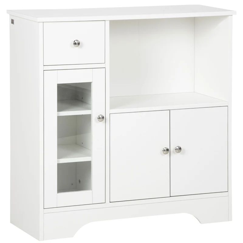 Credenza Buffet 80x30x82 cm con Vano Aperto Cassetto 3 Ripiani e Armadietto a 2 Ante in Legno Bianco