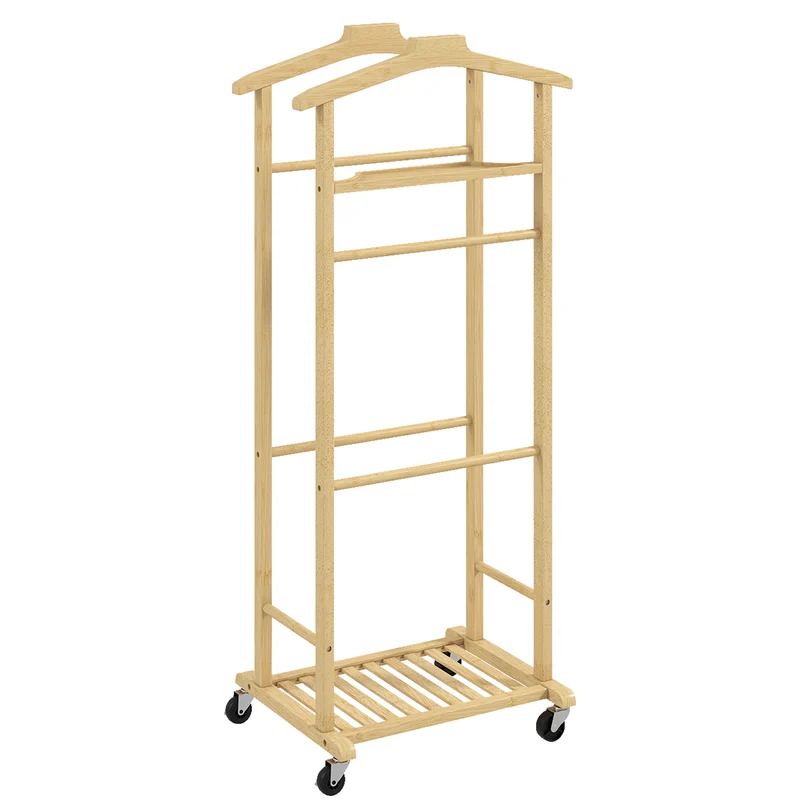 Indossatore Servomuto 4 in 1 a Rotelle 47x33,7x105,5 cm con 2 Aste Vassoio Svuota Tasche e Ripiano per Scarpe in Bambù