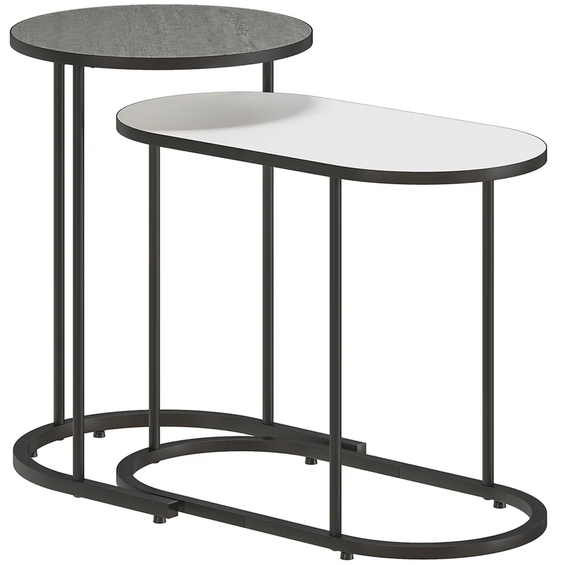 Set 2 Tavolini da Salotto Impilabili con Telaio in Metallo Grigio e Bianco