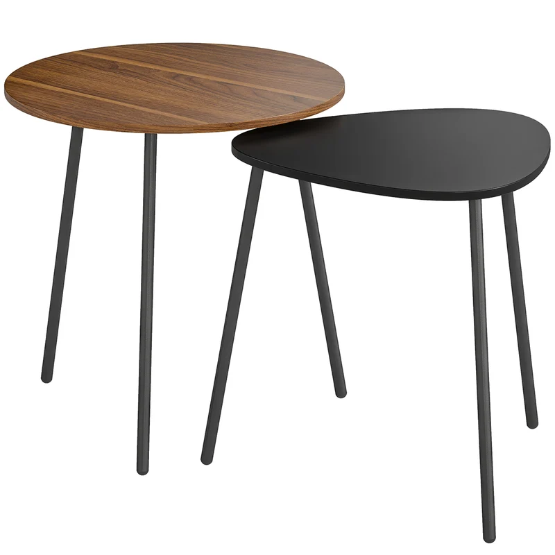 Set 2 Tavolini da Salotto Impilabili con Telaio in Metallo Noce e Nero