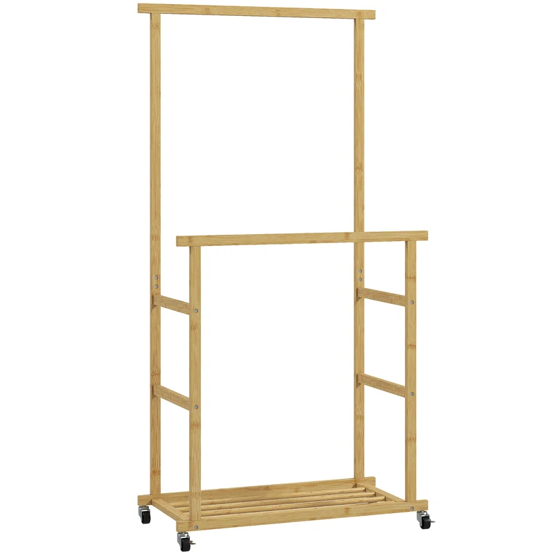 Stender Appendiabiti con 2 Barre 80x40x160 cm Ripiano Inferiore e 4 Ruote in Bambù Colore Legno Naturale