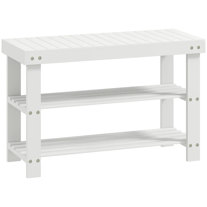 Panca Scarpiera Bassa 70x28x45 cm con 2 Ripiani a Doghe e Seduta in Bambù Bianco