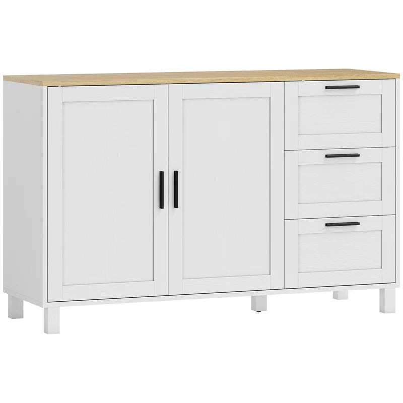 Mobile Cucina Buffet 120x38x76 cm con 3 Cassetti e Armadietto 2 Ante Ammortizzate Bianco