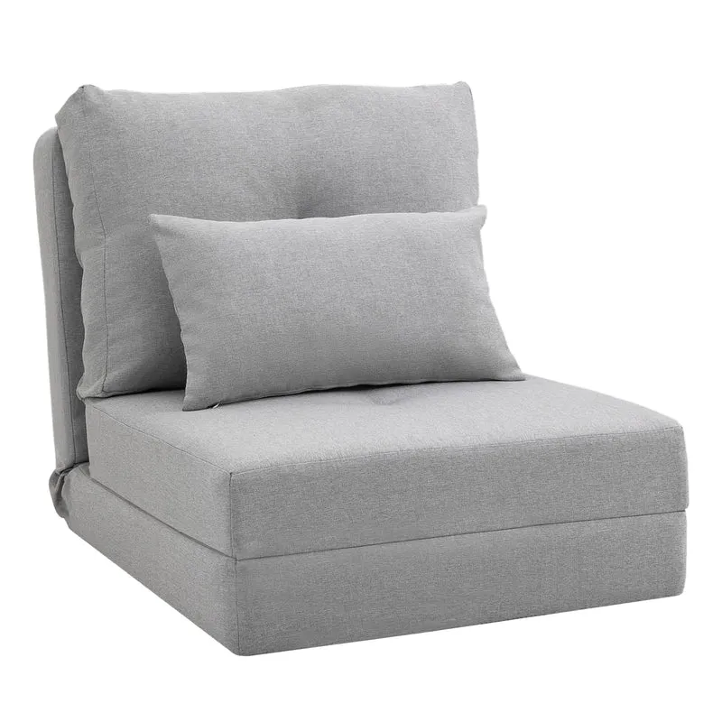 Poltrona Letto 3 in 1 Convertibile in Chaise Longue e Divano da Terra con 2 Cuscini in Tessuto Effetto Lino Grigio Chiaro