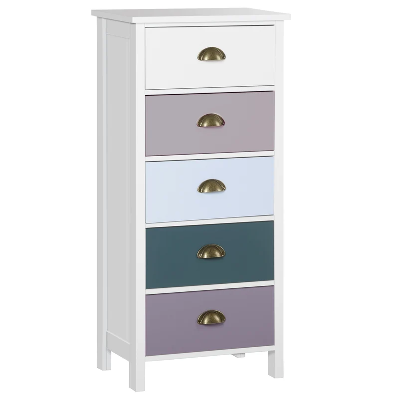Mobile Cassettiera con 5 Cassetti Colorati Comò Alto e Salvaspazio in MDF Multicolore Blu