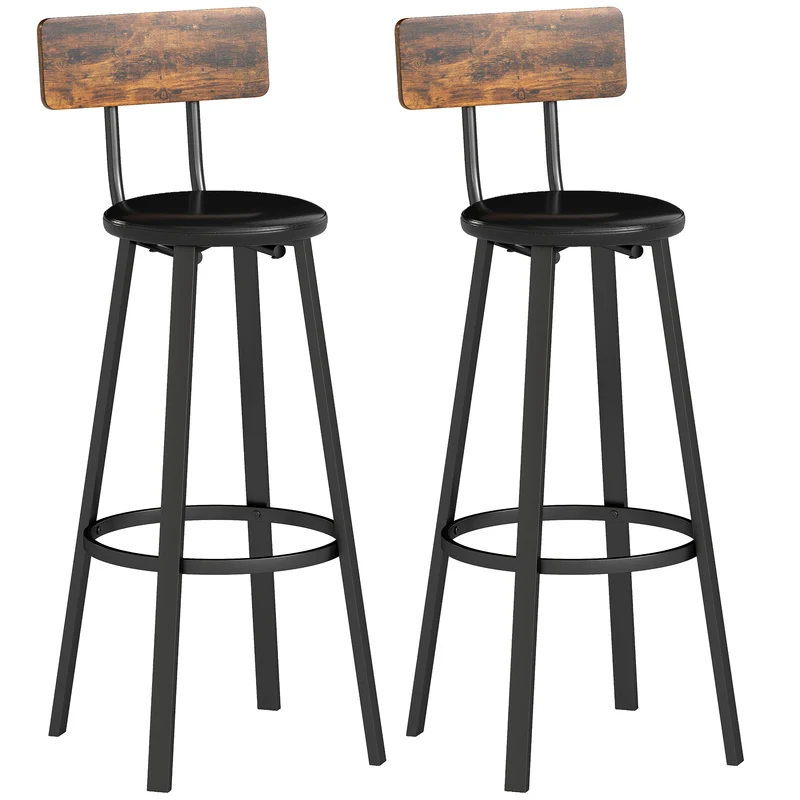 Set 2 Sgabelli da Bar Stile Industriale con Schienale Seduta in Finta Pelle e Poggiapiedi Marrone Rustico