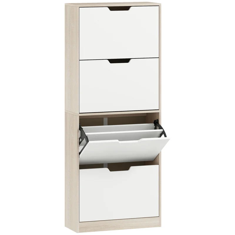 Scarpiera Salvaspazio Slim 62.5x26x156 cm a 4 Cassetti per 20 Paia di Scarpe color Legno e Bianco