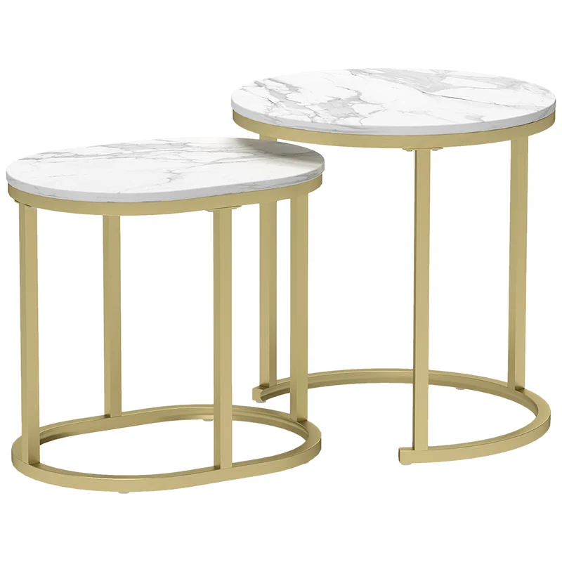 Set 2 Tavolini da Caffè Ø50x50.5 cm e 60x36x43.5 cm con Piano Effetto Marmo in Legno e Acciaio Bianco