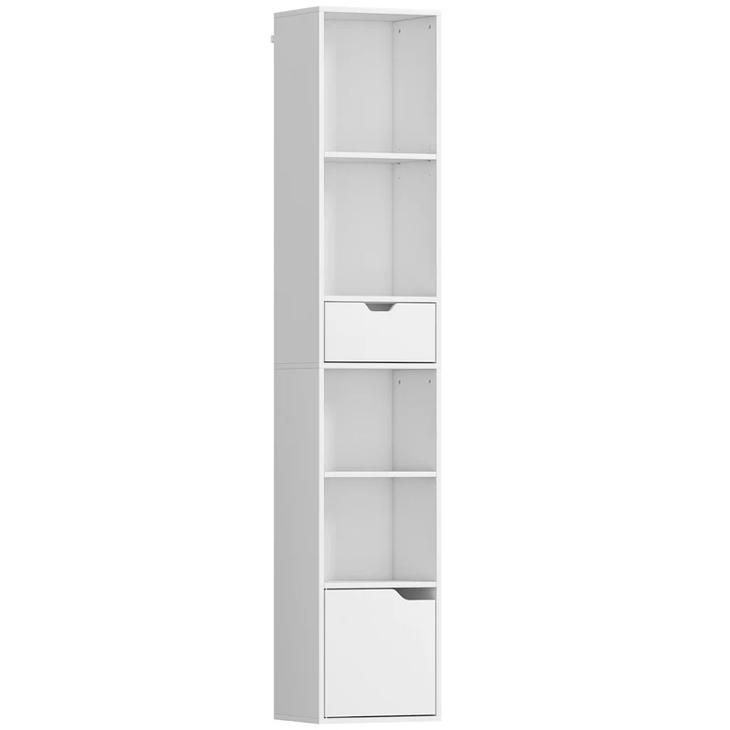 Scaffale Libreria 30x24x158 cm a 4 Ripiani Aperti con Armadietto e Cassetto in Legno Bianco