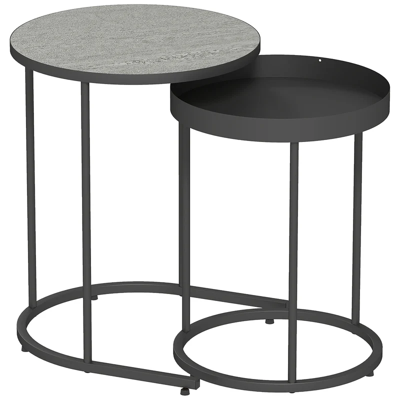 Set 2 Tavolini da Salotto Impilabili in Stile Industriale Ø42x54 cm e Ø36,5x48,5 cm in Legno e Metallo Grigio e Nero