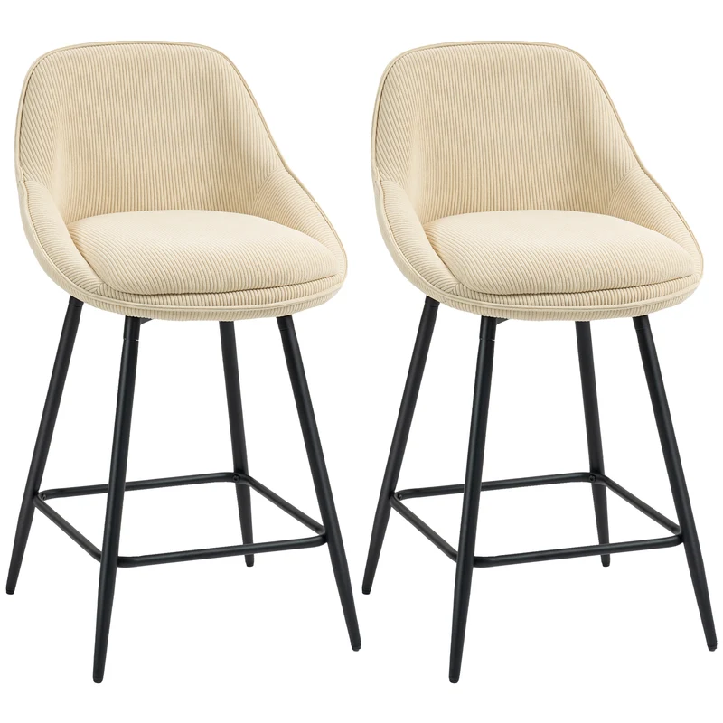 Set 2 Sgabelli Bar Girevoli 49x52x88 cm con Schienale e Braccioli Rivestimento in Velluto a Coste e Poggiapiedi Beige