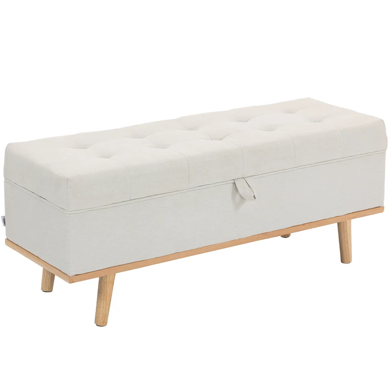 Panca Contenitore 118x42x45 cm da 80L Imbottita con Rivestimento in Tessuto e Gambe in Legno Crema