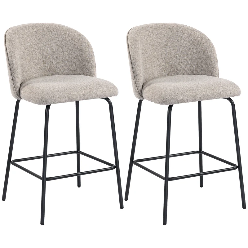 Set 2 Sgabelli da Bar 50x55x93 cm con Schienale e Poggiapiedi Rivestimento in Tessuto e Gambe in Acciaio Grigio