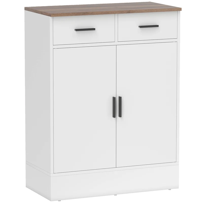 Credenza Moderna 68,6x35x90,3 cm 2 Cassetti e Armadietto in Legno Bianco
