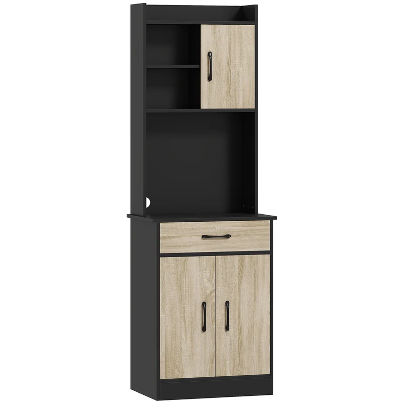 Mobile Alto Cucina Credenza Moderna 60x40x180 cm con Mensola e Foro Passacavi Rivestimento in Melamina Nero e Color Legno