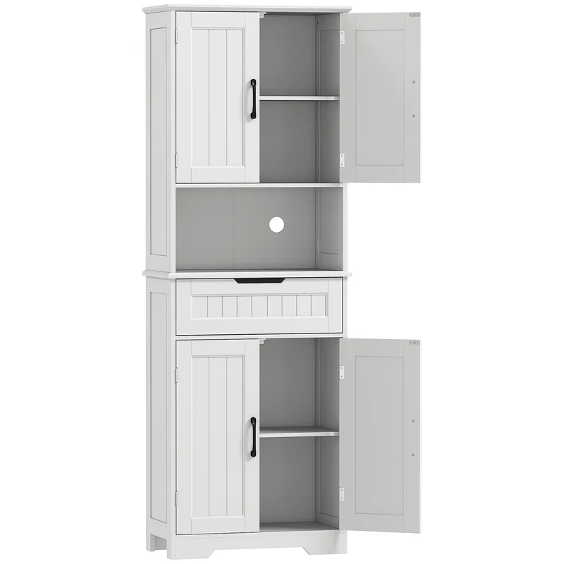Credenza Cucina 60x30x172 cm con 2 Armadietti Cassetto e Piano Centrale con Passacavi in MDF Bianco