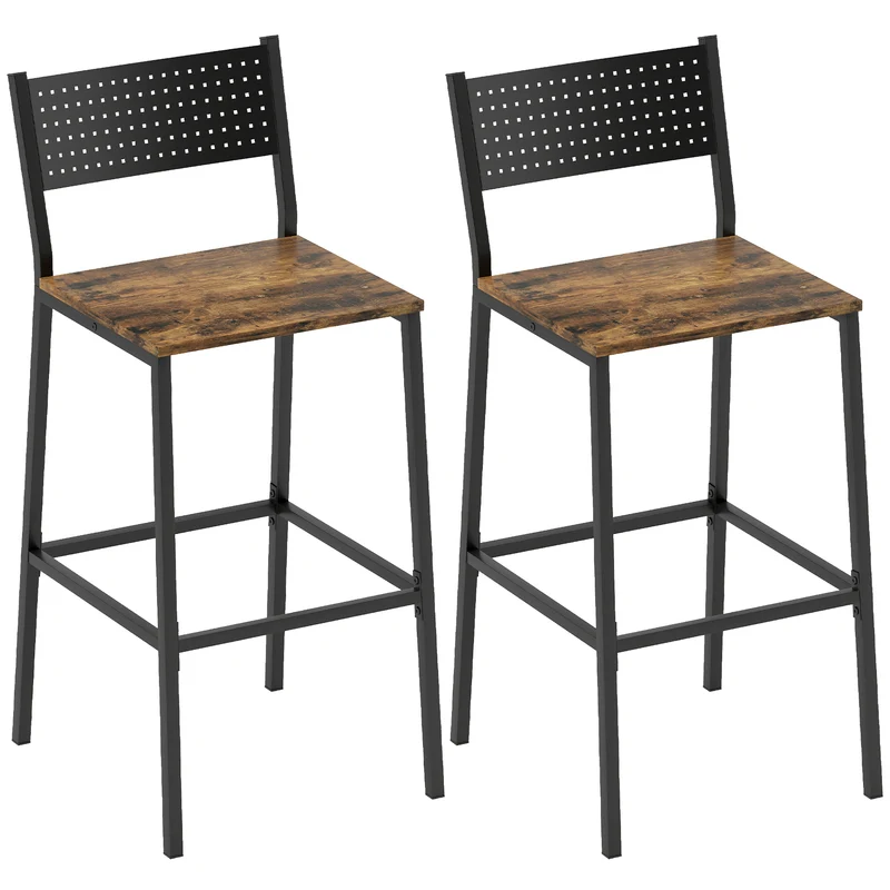 Set 2 Sgabelli da Bar in Stile Industriale con Schienale e Poggiapiedi 43,2x50,5x97,8 cm in Metallo e MDF Marrone Rustico