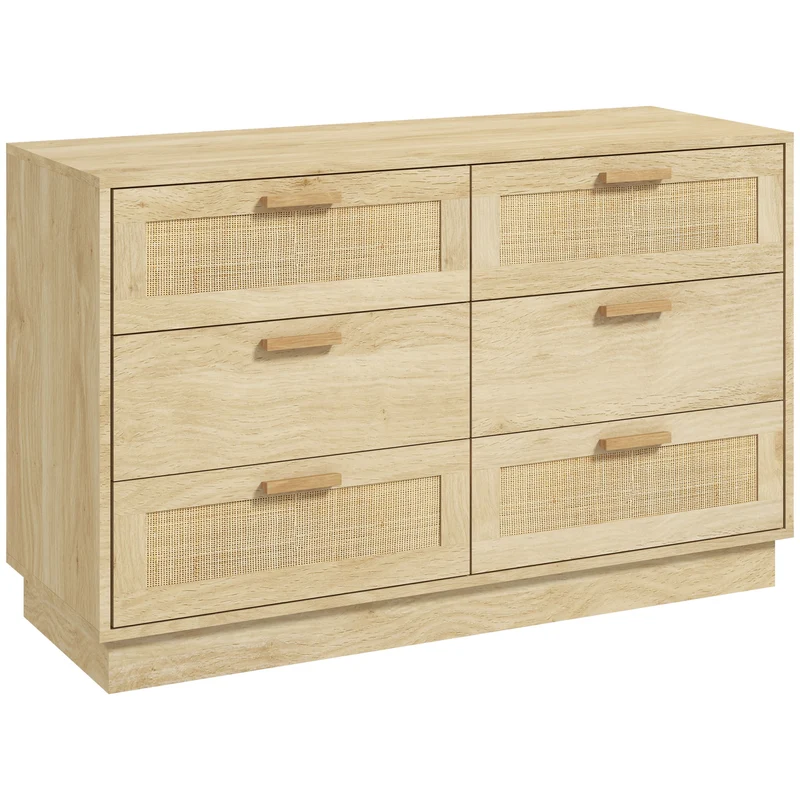 Cassettiera 6 Cassetti Stile Boho 110x40x69 cm in Legno e Rattan Rovere