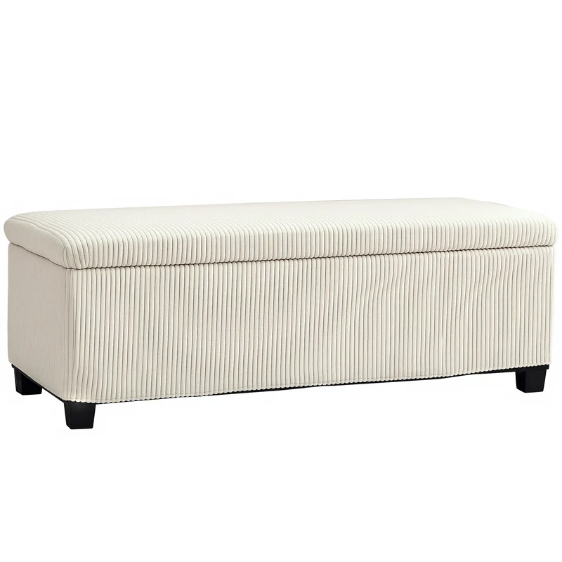 Panca Fondo Letto 112x42x40 cm con Spazio Contenitore da 84L in Tessuto Effetto Velluto a Coste e Acciaio Beige