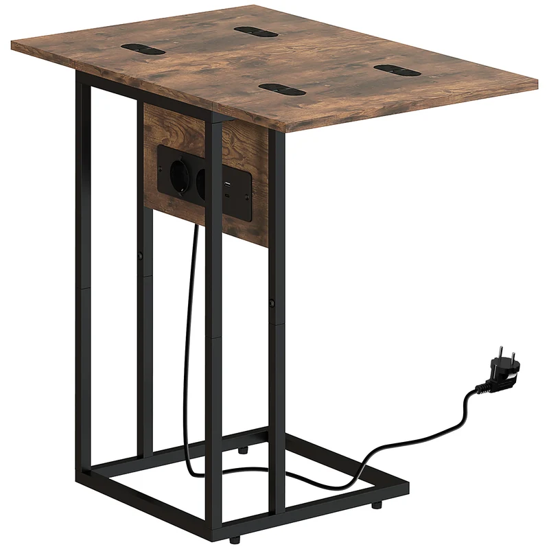 Tavolino da Salotto a C Espandibile 39x29x57 cm con 2 Stazioni di Ricarica in Legno e Metallo Nero e Marrone