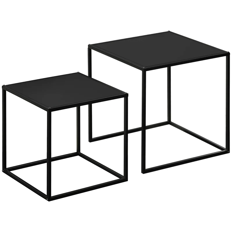 Set da 2 Tavolini da Caffè Impilabili Quadrati per Soggiorno in Acciaio Nero