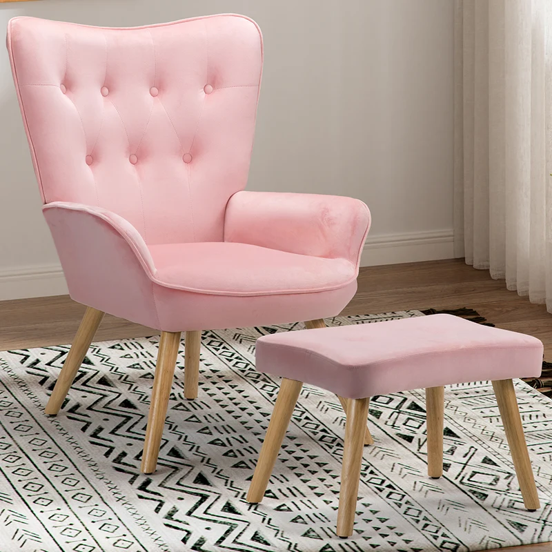 Poltrona Stile Scandinavo con Schienale Alto e Poggiapiedi In Velluto e Gambe in Legno Rosa