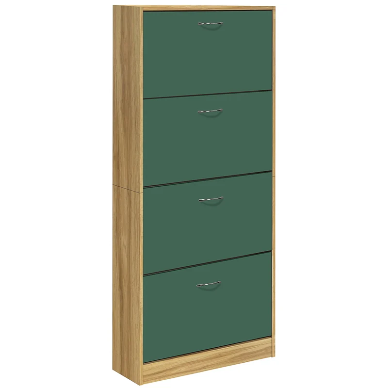 Scarpiera 4 Ante con Maniglia 63x24x150 cm Ripiani Doppia Profondità in MDF Quercia e Verde