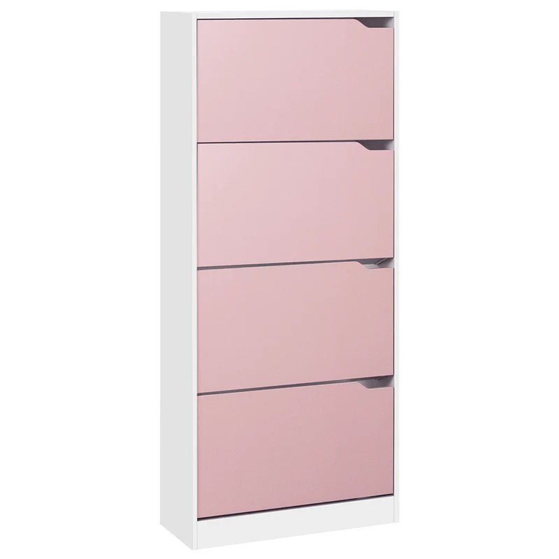 Scarpiera 4 Ante 63x24x150 cm Ripiani Doppia Profondità in MDF Bianco e Rosa